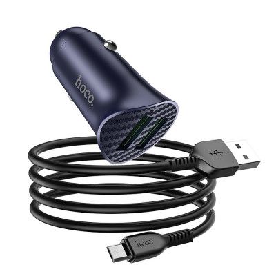 HOCO Billaddare 2 x USB QC3.0 18W + Micro USB Kabel - Blå