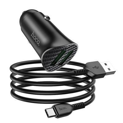 HOCO Billaddare 2 x USB QC3.0 18W + USB-C Kabel - Svart