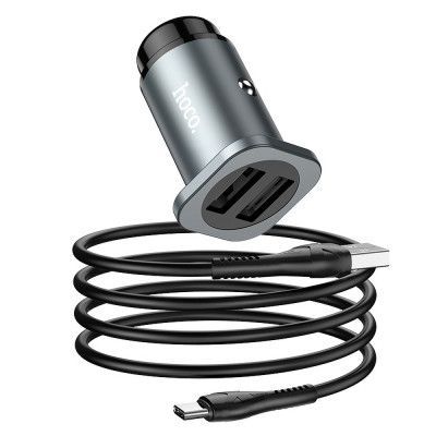 HOCO Billaddare 2xUSB + Kabel USB-C Wise Road NZ4,8A 24W Grå