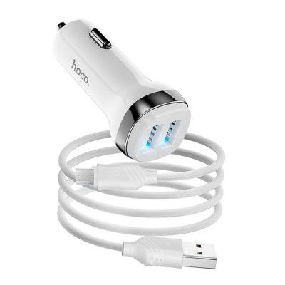 HOCO Billaddare 2xUSB-A + Kabel USB-A Till Micro-USB 2,4A - Vit