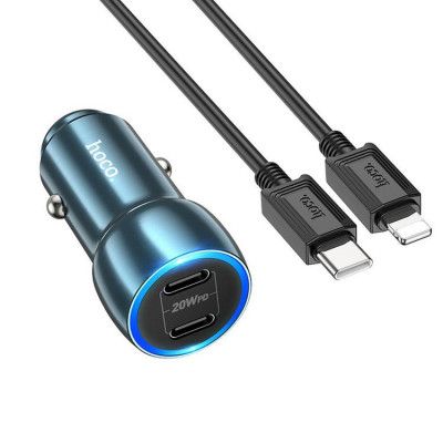 Hoco Billaddare 40W 2xUSB-C + Kabel USB-C Till Lightning - Safirblå