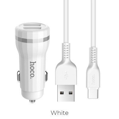 HOCO Billaddare Staunch 2 x USB 2,4A + Kabel USB-C Z27 Vit