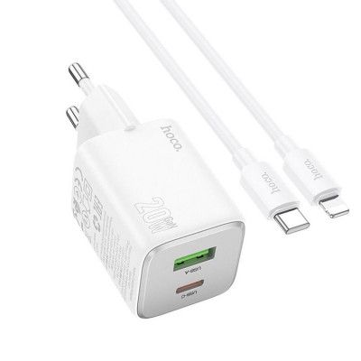 Hoco Väggladdare 1xUSB-C 1xUSB-A 20W + Lightning Kabel N41 - Vit