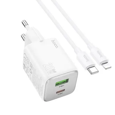 Hoco Väggladdare 1xUSB-C 1xUSB-A 20W + Lightning Kabel N41 - Vit (Vit)