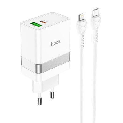 Hoco Väggladdare 2-Port USB/USB-C Med Lightning Kabel - Vit