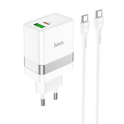 Hoco Väggladdare 2-Port USB/USB-C Med USB-C Kabel - Vit