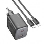 Hoco Väggladdare 2xUSB-C 45W + Lightning Kabel GaN N42 - Svart