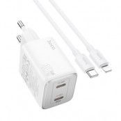 Hoco Väggladdare 2xUSB-C 45W + Lightning Kabel GaN N42 - Vit