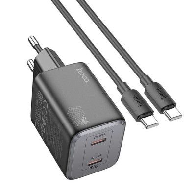Hoco Väggladdare 2xUSB-C 45W + USB-C Kabel GaN N42 - Svart