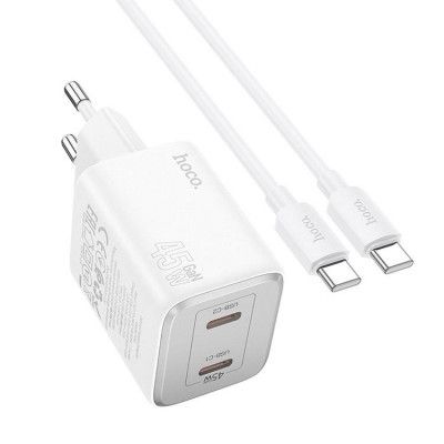Hoco Väggladdare 2xUSB-C 45W + USB-C Kabel GaN N42 - Vit