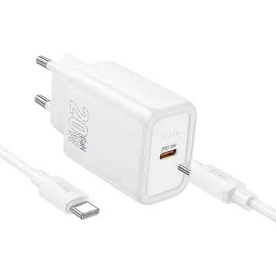 Hoco Väggladdare Type C Plus USB-C Till USB-C Kabel 20W - Vit