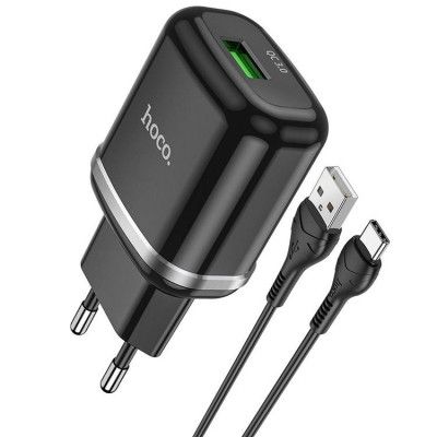 Hoco Väggladdare USB-A Med USB-C Kabel - Svart