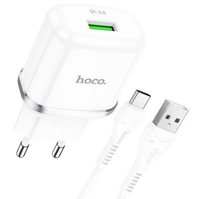 Hoco Väggladdare USB-A Med USB-C Kabel - Vit