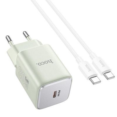 Hoco Väggladdare USB-C GaN 30W + USB-C Kabel N43 - Grön