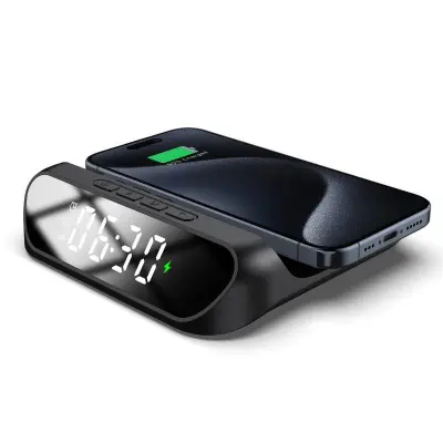 HT-331 2-i-1 15W Trådlös Laddare med Dimmbar Väckarklocka - Svart