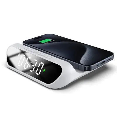 HT-331 2-i-1 15W Trådlös Laddare med Dimmbar Väckarklocka - Vit