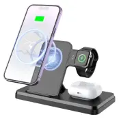 HT-514 3-i-1 Fällbar Laddningsdocka 15W Trådlös Laddare - Svart