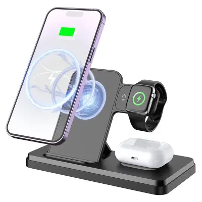 HT-514 3-i-1 Fällbar Laddningsdocka 15W Trådlös Laddare - Svart