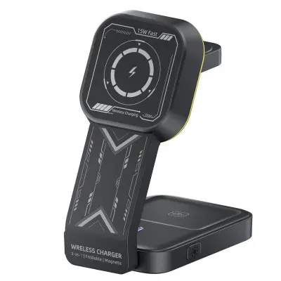 HT-538 3-i-1 Fällbar 15W Magnetisk Trådlös Laddare med Nattlampa - Svart