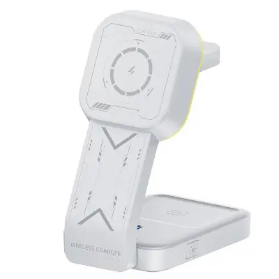 HT-538 3-i-1 Fällbar 15W Magnetisk Trådlös Laddare med Nattlampa - Vit