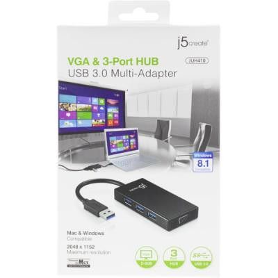 J5 create JUH410, USB 3.0 till VGA-adapter med inbyggd 3-ports USB-hubb, fungera