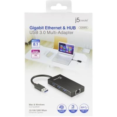 J5 create JUH470, USB 3.0 nätverksadapter med 3-port USB-hubb, 10/100/1000Mbps,