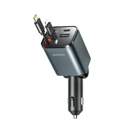 Joyroom 4in1 Billaddare 30W USB-A/USB-C Infällbar Kabel Mörkgrå