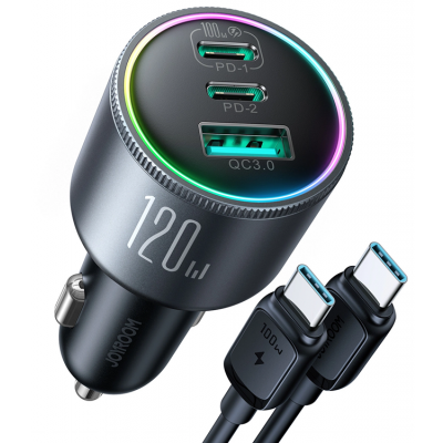 Joyroom Billaddare 2xUSB-C USB-A + USB-C kabel 100W - Mörkgrå
