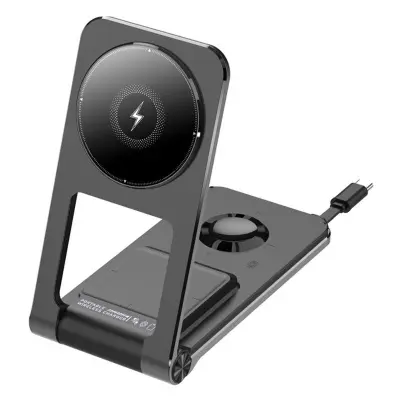 M2 Fällbar 3-i-1 Telefonställning Magnetisk Trådlös Laddare 15W - Svart