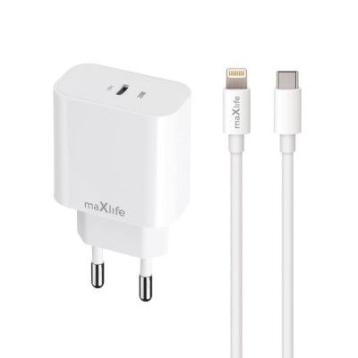 Maxlife Väggladdare USB-C 20W med Lightning Kabel PD QC Vit