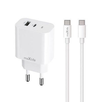 Maxlife Väggladdare USB/USB-C 20W med Lightning Kabel PD QC