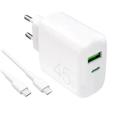 Puro Snabbladdare 45W USB-A/USB-C med USB-C Kabel PD - Vit