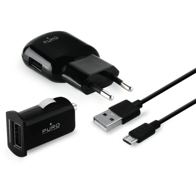 Puro - Wall + Car Charger 5W m/MicroUSB kabel - Svart