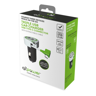 Q2power Trippel Billaddare - 2xUSB-A + Utdragbar USB-C-kabel 3.1A