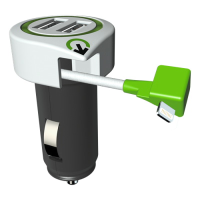 Q2power trippel billaddare med utdragbar lightning kabel samt 2xUSB-port