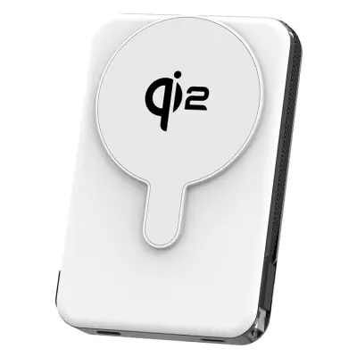 Qi2 Trådlös Magnetisk Powerbank 10000mAh 15W med Inbyggd Kabel - Vit