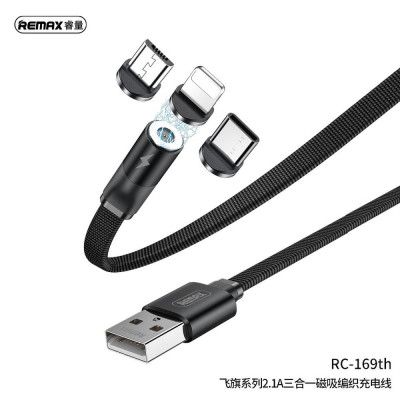 REMAX Magnetic 3 in 1 Lightning 8-pin + Type C + Micro Kabel - Svart