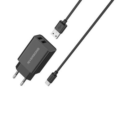Riversong Väggladdare 2x USB 12W med USB/USB-C Kabel - Svart