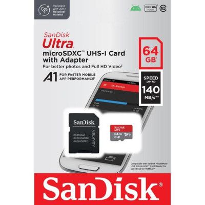 Sandisk Minneskort 64GB 140MB/s Ultra MicroSDXC UHS-I/Adapter