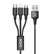 SiGN 3in1 Kabel 0,25m - Lightning, USB-C, Micro-USB 5V, 3A - Svart