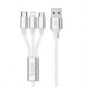3in1 Kabel 0,25m - Lightning, USB-C, Micro-USB 5V, 3A - Vit