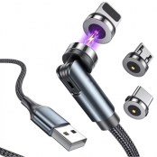 3in1 360° Magnetkabel Lightning, USB-C, Micro-USB, 2.4A - Svart