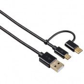 HAMA Synkkabel 2in1 MicroUSB inkl USB-C 1m - Svart