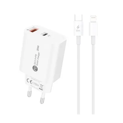 Snabbladdare A6MaxL 20W med USB-C - Lightning 1m Kabel - Vit