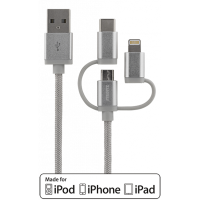 STREETZ 3-i-1 tygklädd USB-synk/laddarkabel, 1m - Silver