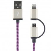 STREETZ USB-synk-/laddarkabel, MFi, USB Micro och lightning, 1m, lila