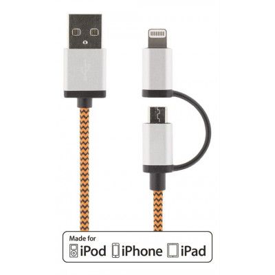 STREETZ USB-synk-/laddarkabel, MFi, USB Micro och lightning, 2m, orange
