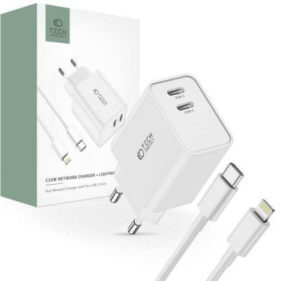 Tech-Protect 2-Port Nätverk Laddare Med Lightning Kabel 1m 35W - Vit