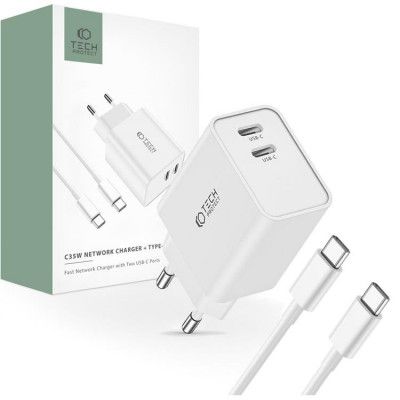Tech-Protect 2-Port Nätverk Laddare Med USB-C Kabel 35W 1m - Vit