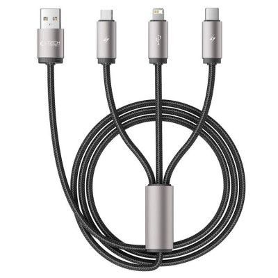 Tech-Protect 3in1 USB-A Till Lightning/Type-C/Micro-USB 1m - Grå